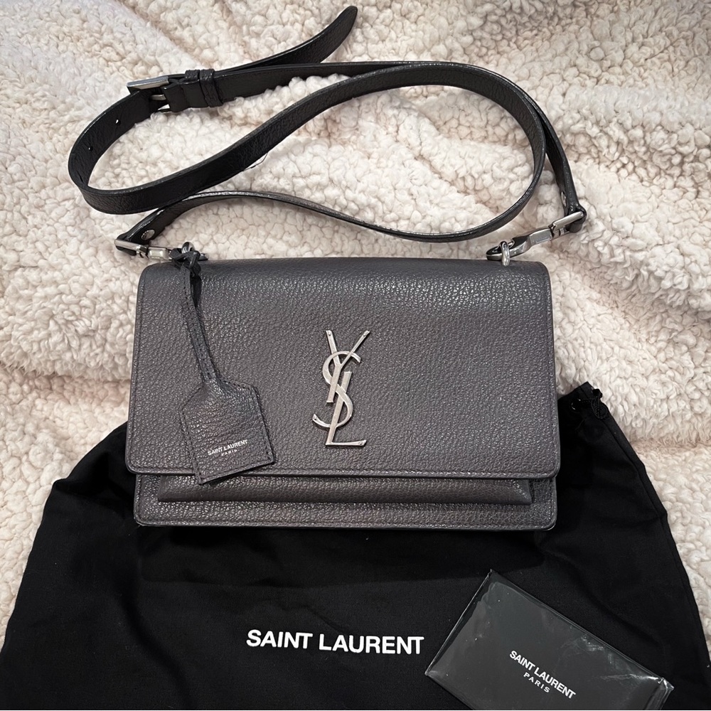 YSL Grey Leather Sunset Medium Bag